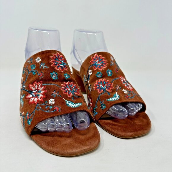 Chicos Slide Sandals Size 9 Brown Suede Floral Embroidered Wanda Heels - Picture 7 of 12